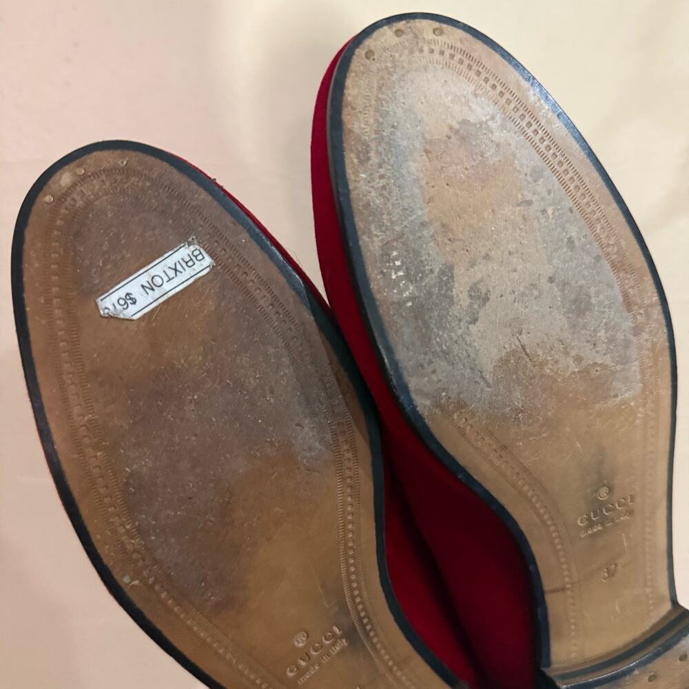 Gucci 1953 Velvet Red Jordan Loafers Suede Gold Horsebit sz 37 - Picture 8 of 10